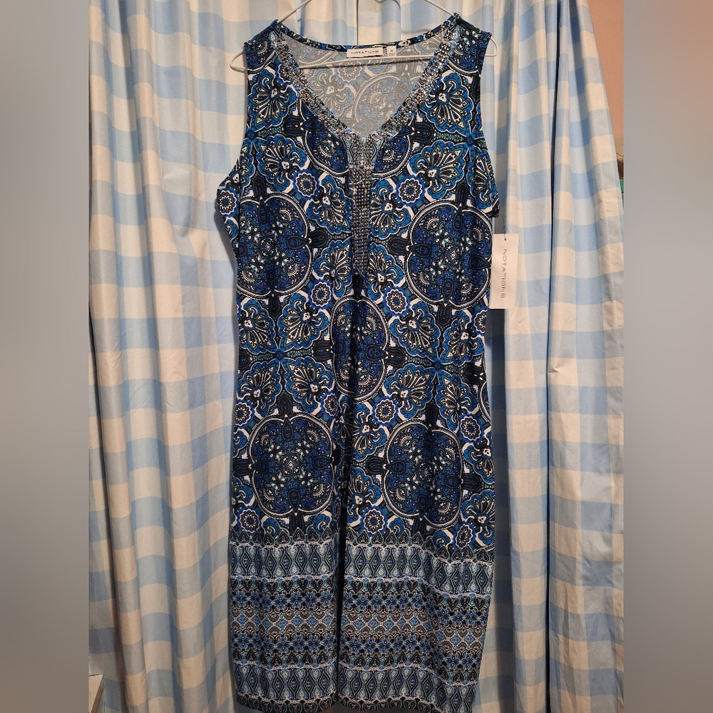 NWT Notations Women's Blue Patterned Sleeveless Dress